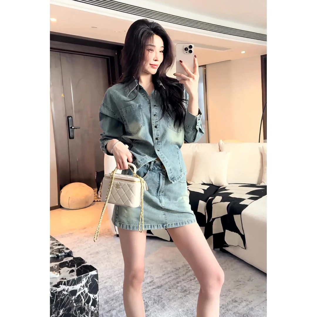 2025年春秋新款港味复古水洗做旧收腰牛仔外套修身A字短裙套装女