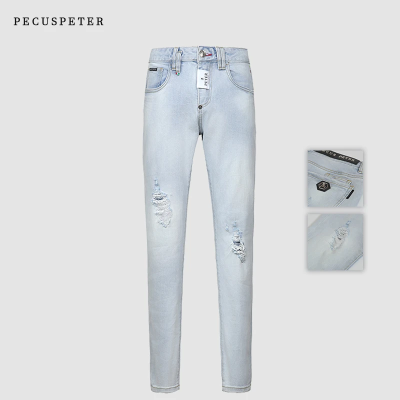 Pecus Peter2025早秋款PP银河浅蓝潮流烫钻微弹舒适修身牛仔裤