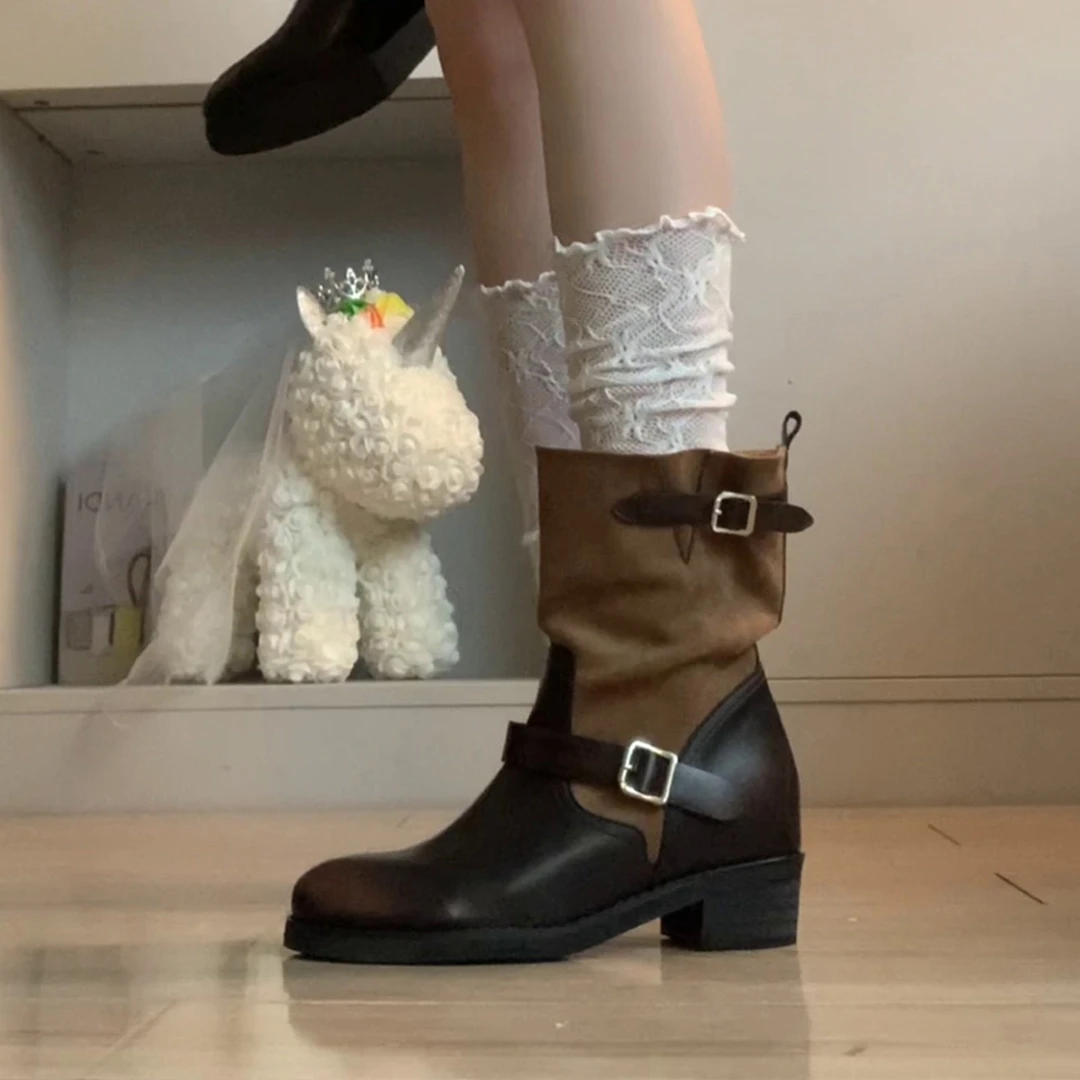 牛皮版~复古拼接皮带扣西部牛仔靴美拉德骑士靴女显瘦粗跟短筒靴