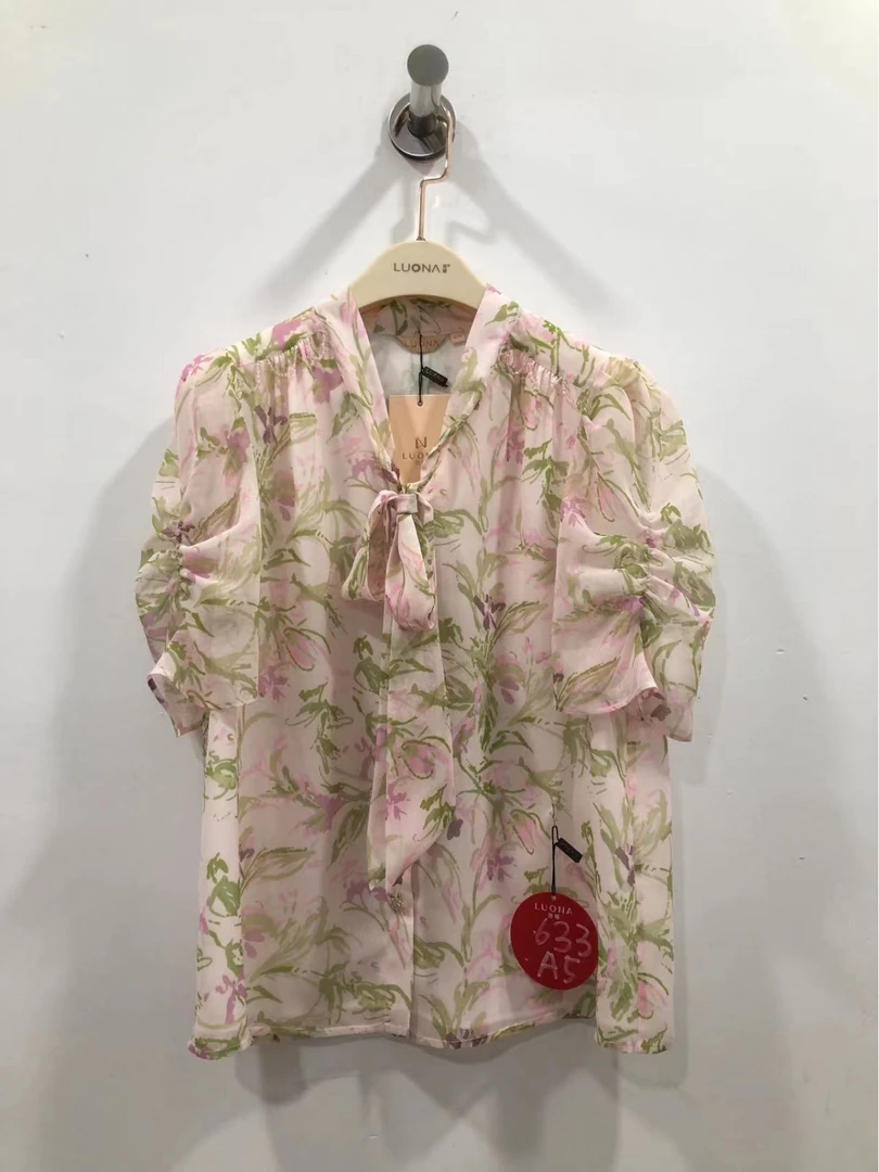 常规款系带套头宽松型小衫通勤风印花短袖LN2-633A5