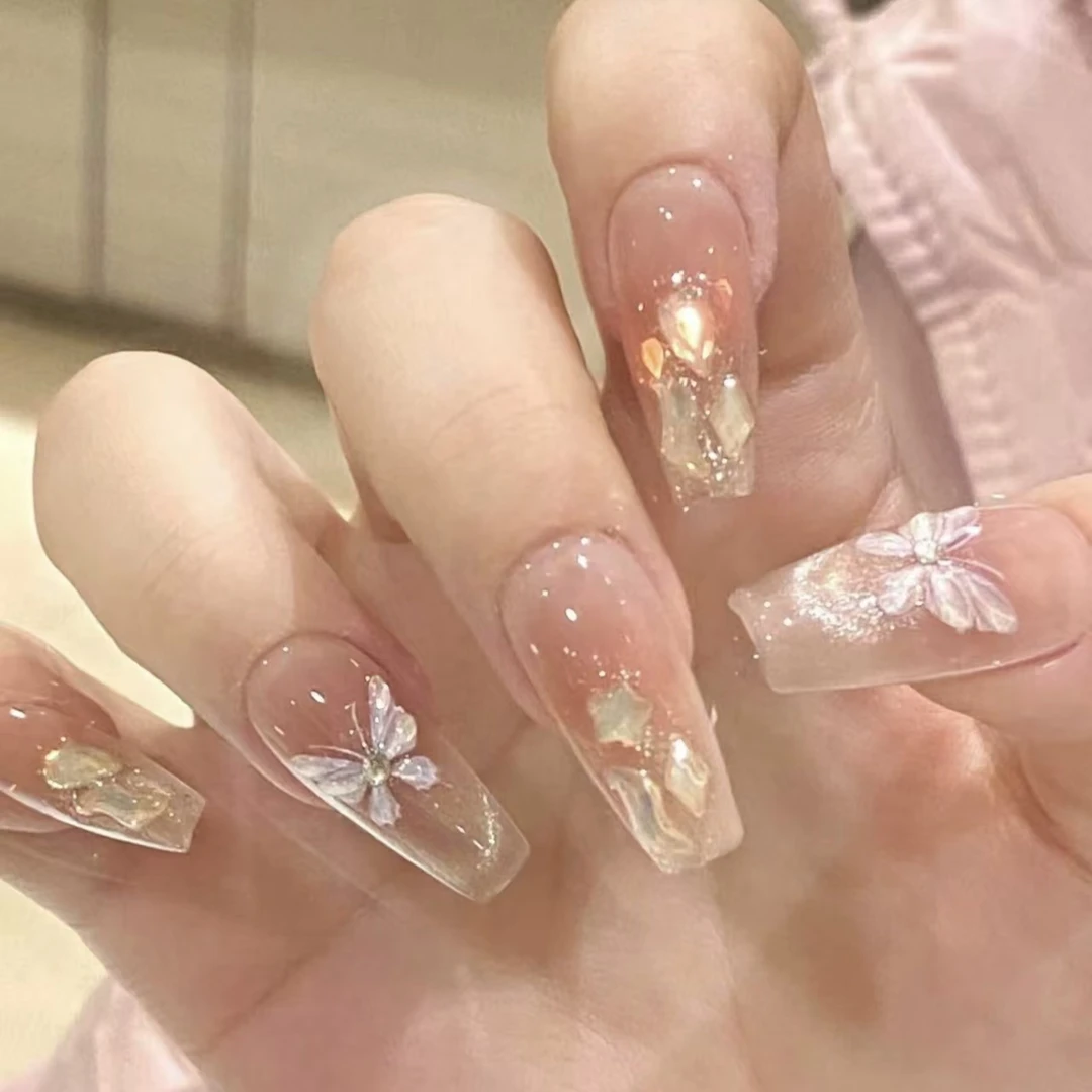 粉蝶青提光疗手工穿戴甲猫眼极光炫闪成品美甲片