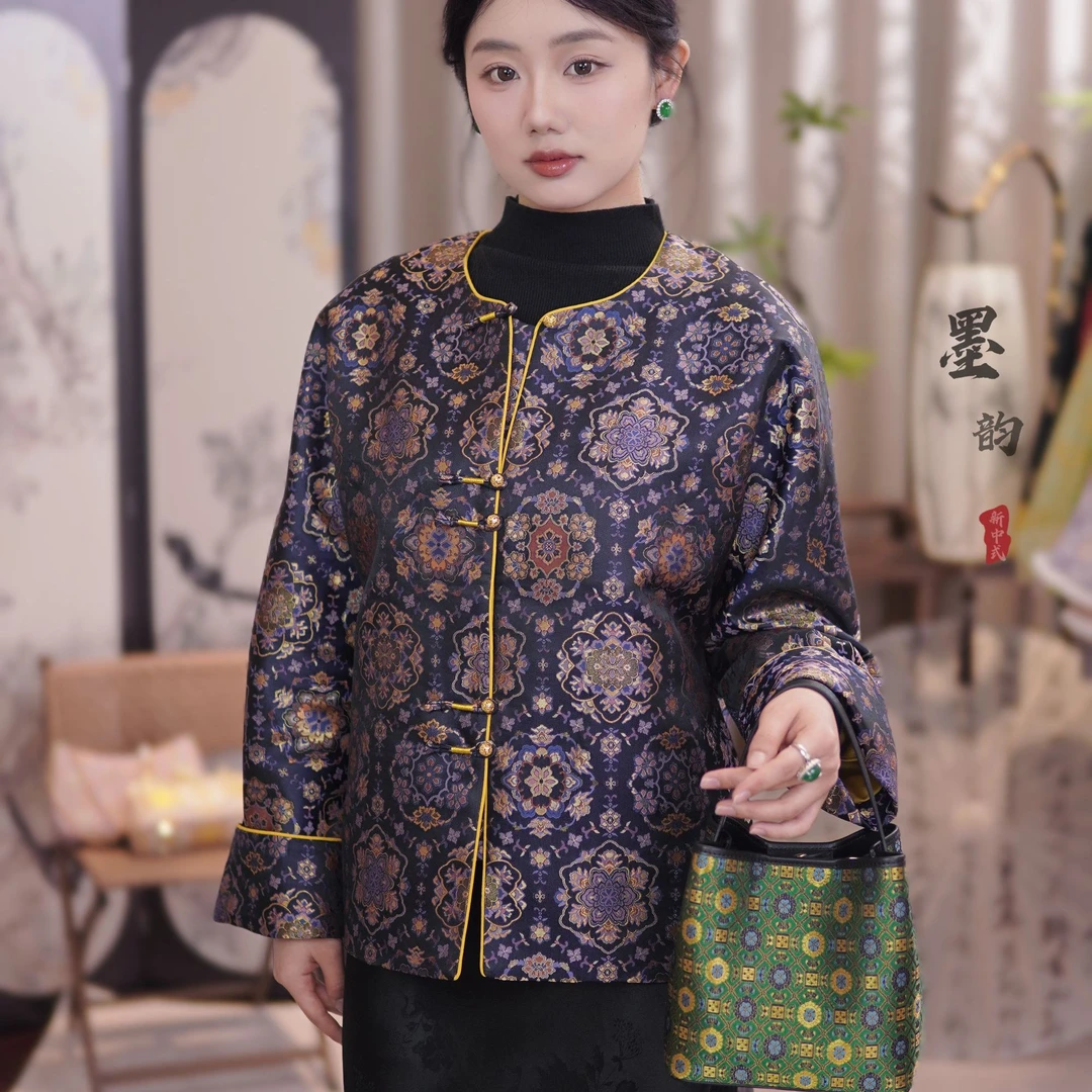 墨青宝相花织金老宋锦桑蚕丝新中式手工扣圆领正襟外套