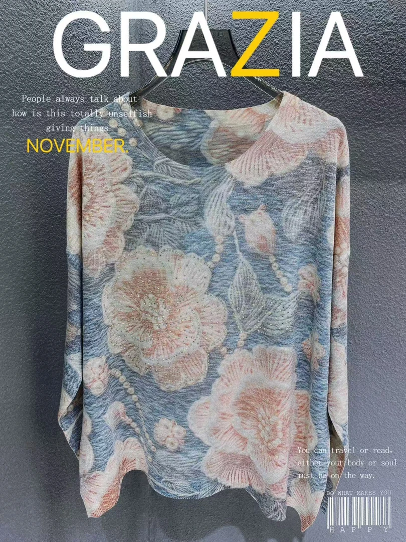 081-蓝调粉花丨高品质套头针织衫