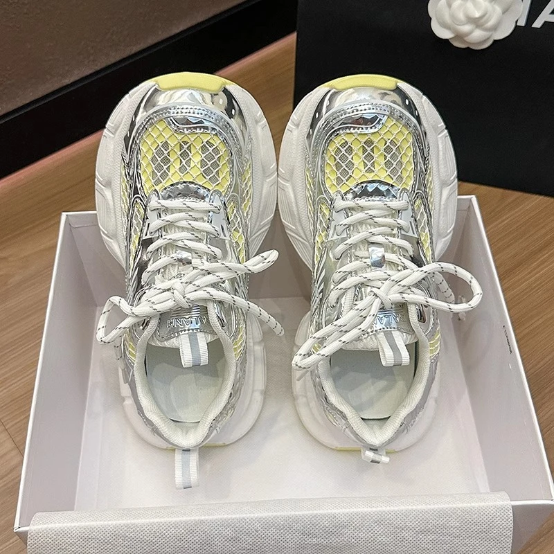 厚底网面老爹鞋女款2025年夏季新款透气时尚系带增高运动休闲鞋潮