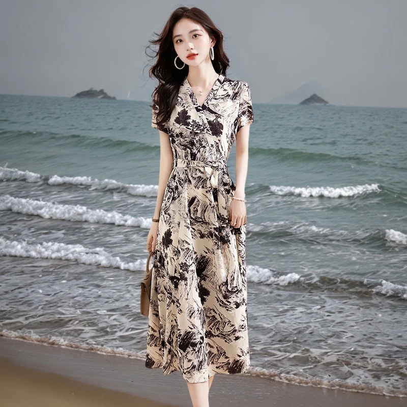 韩版时尚宽松显瘦裙子2025水墨印花连衣裙夏季新款女高级感中长款