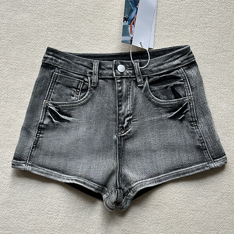 艾格美式辣妹低腰烟灰色牛仔短裤女2025夏季新款紧身包臀弹力热裤