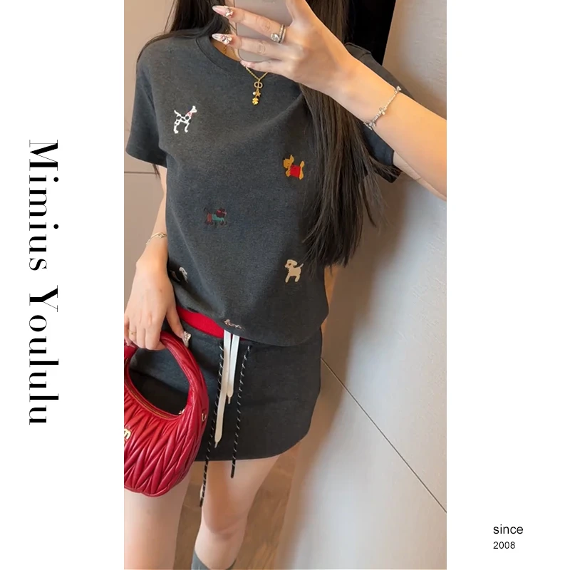 【mimius】&婷婷 休闲宽松小狗刺绣短袖+高腰撞色裙裤 G02152