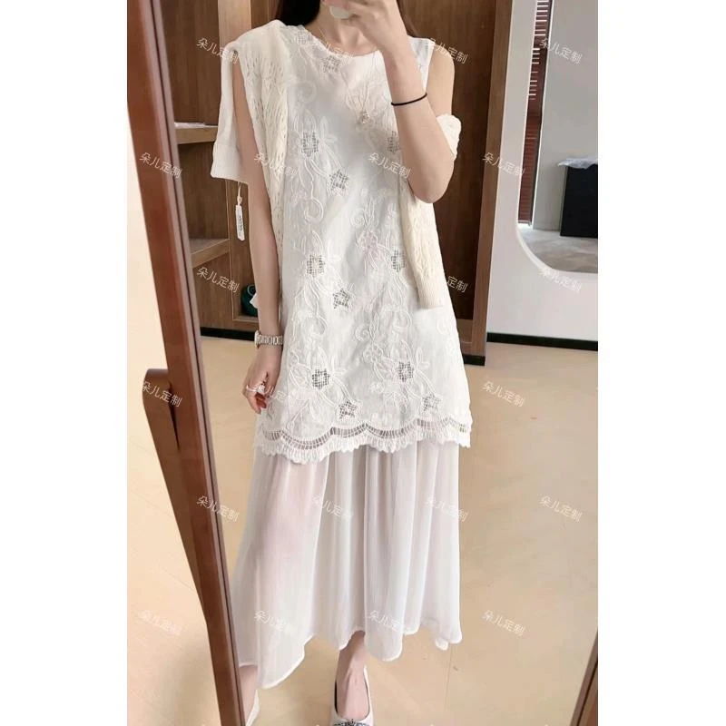 朵儿定制 【舞会】韩系小众蕾丝钩花拼接网纱无袖背心裙 IR21