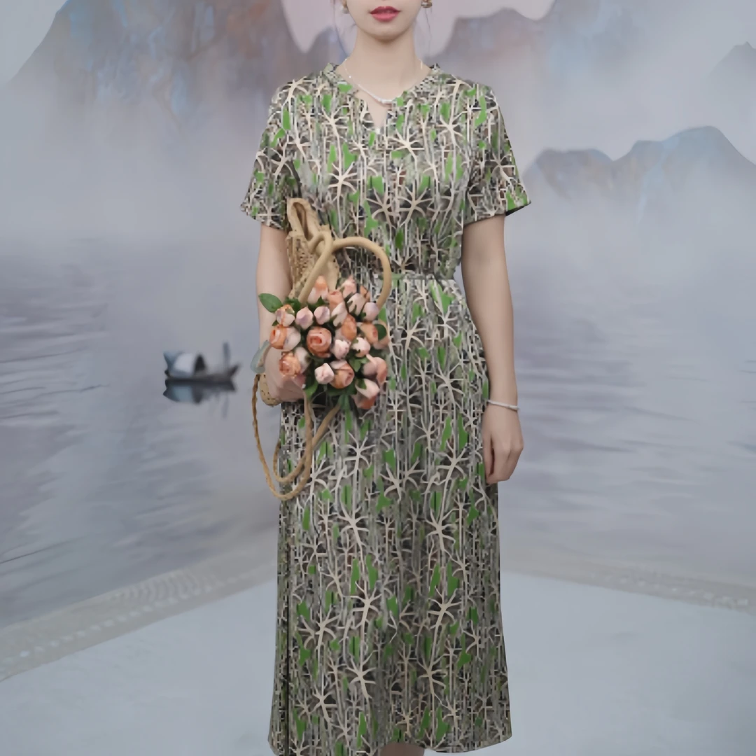 2576  时尚气质设计感印花V领夏季凉爽舒适系带女装连衣裙