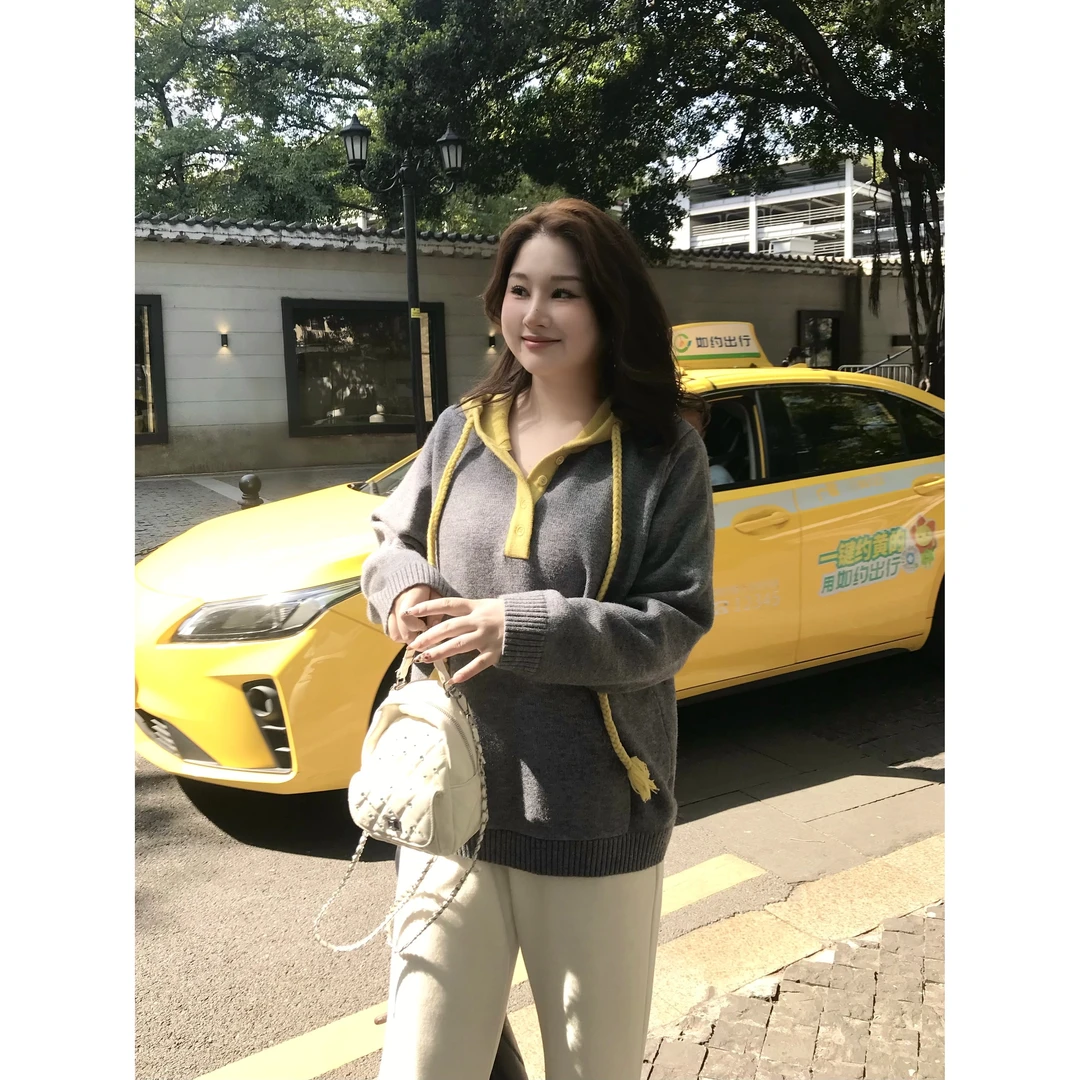 可露露~撞色连帽针织衫女2025秋冬新款宽松百搭显瘦毛衣上衣6765