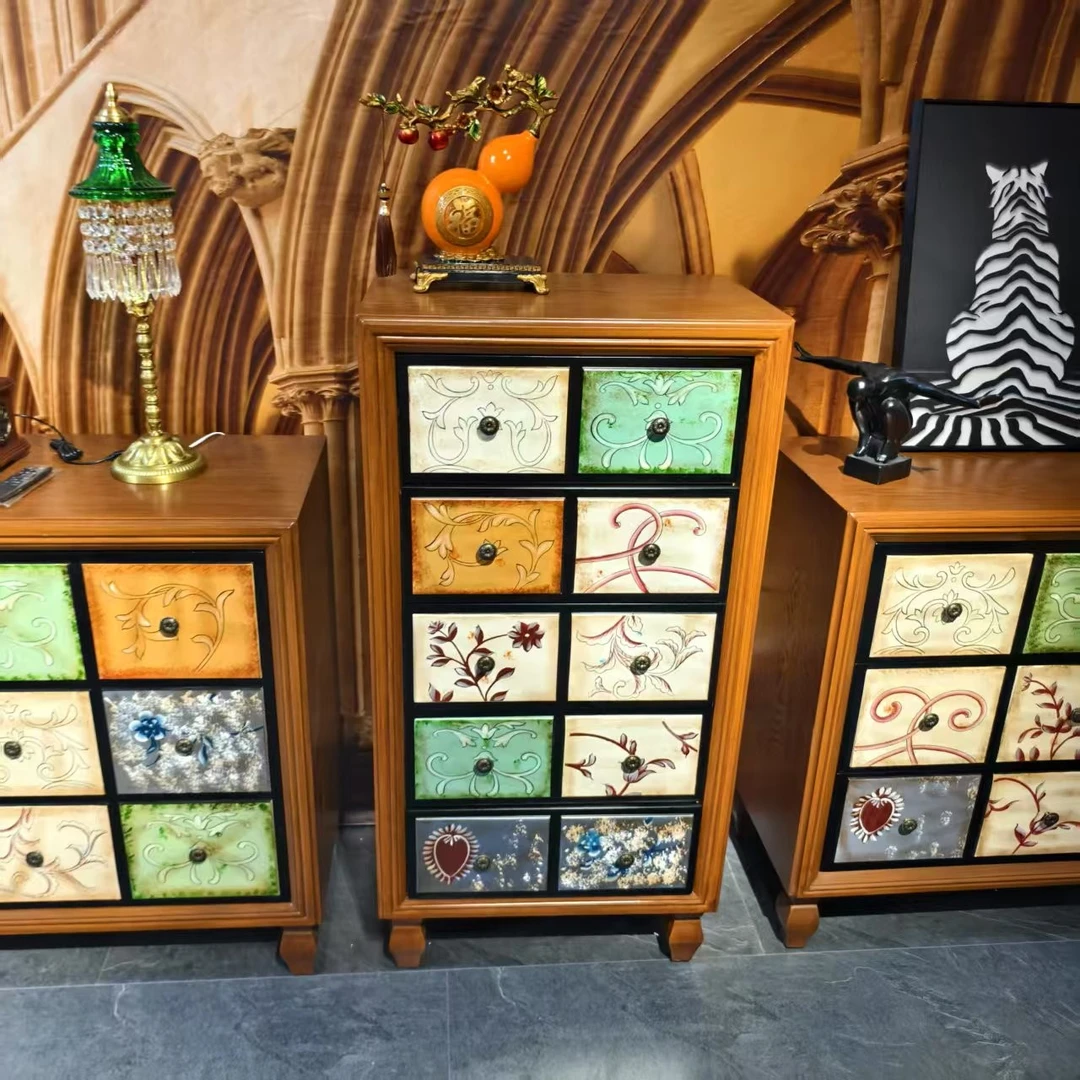 复古彩绘实木柜子五斗柜