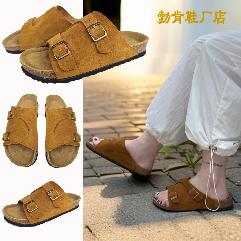 【勃肯鞋沙滩鞋】夏季凉鞋头层反绒皮拖鞋防滑情侣款魔术贴橡木软底