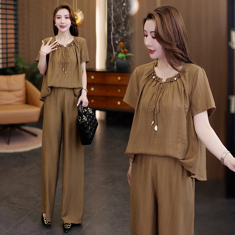 短袖时尚国风套装女夏季2025新款妈妈装直筒休闲裤套装时髦两件套