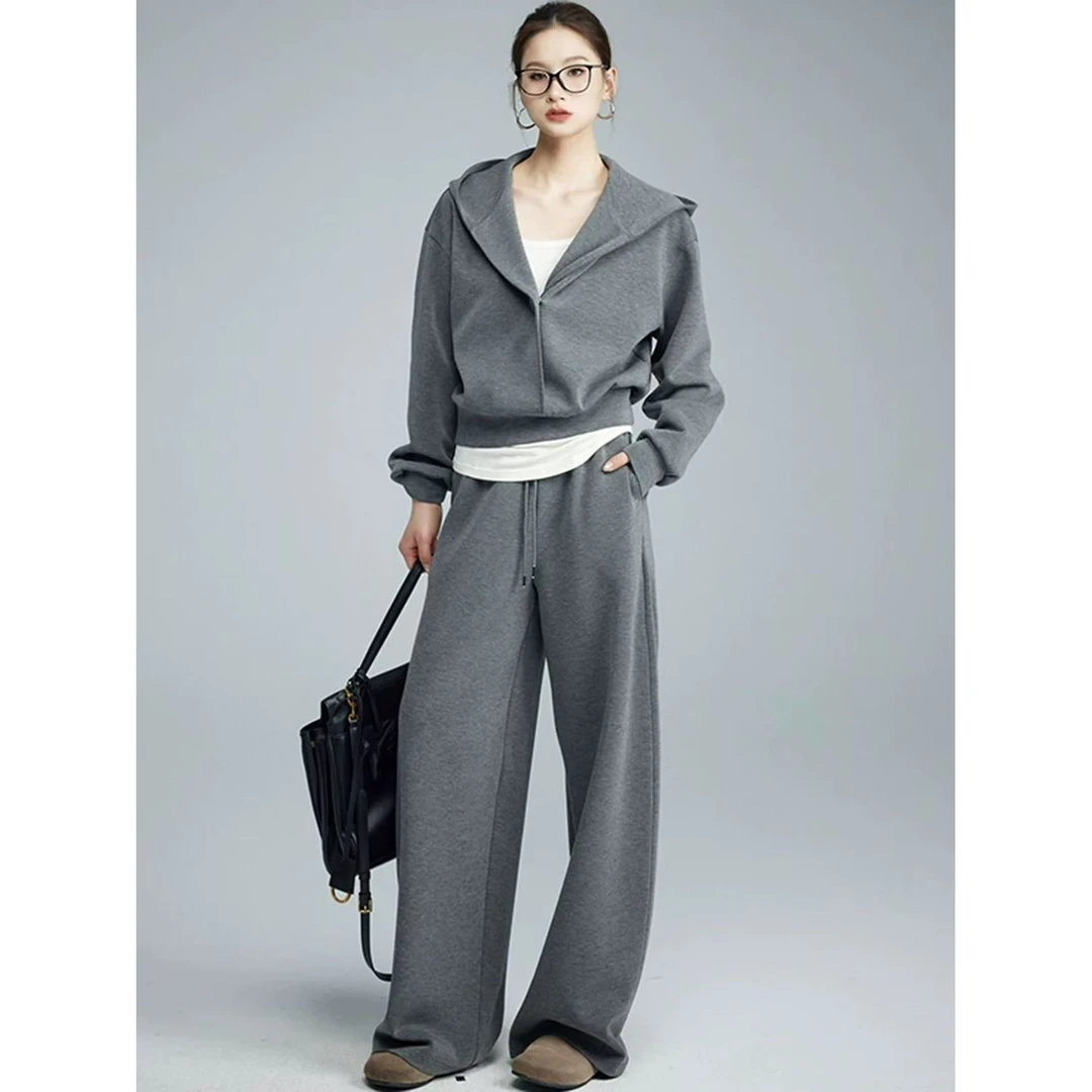 欧货简约高级感连帽卫衣休闲运动套装女秋季宽松阔腿弯刀裤两件套