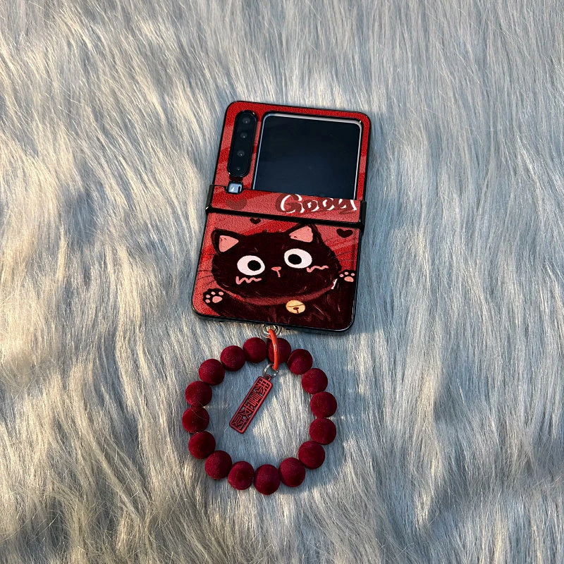 适用华为PuraX典藏版手机壳折叠屏红色月坑纹害羞猫咪保护套