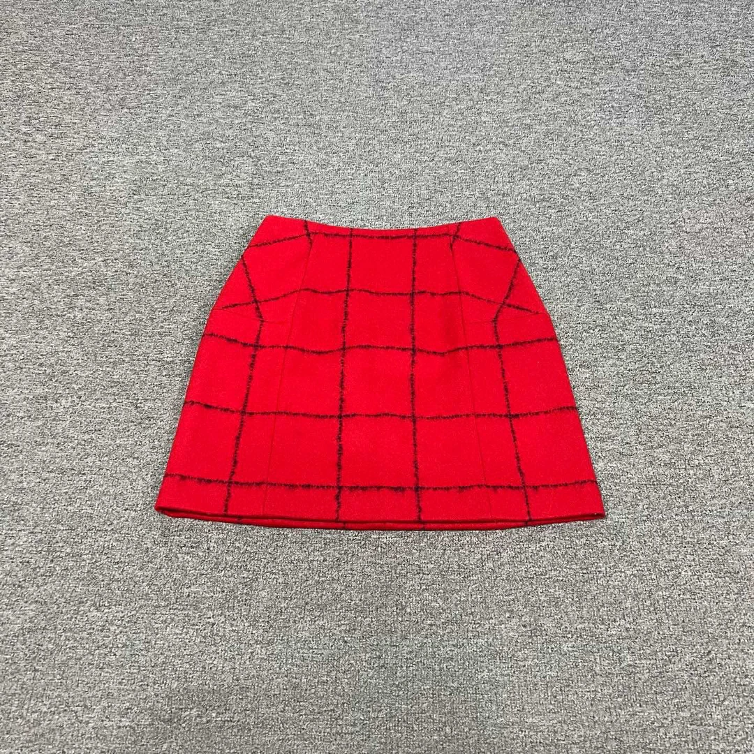 99新 DIOR/迪奥 红色 格纹 羊毛 半身裙 36码