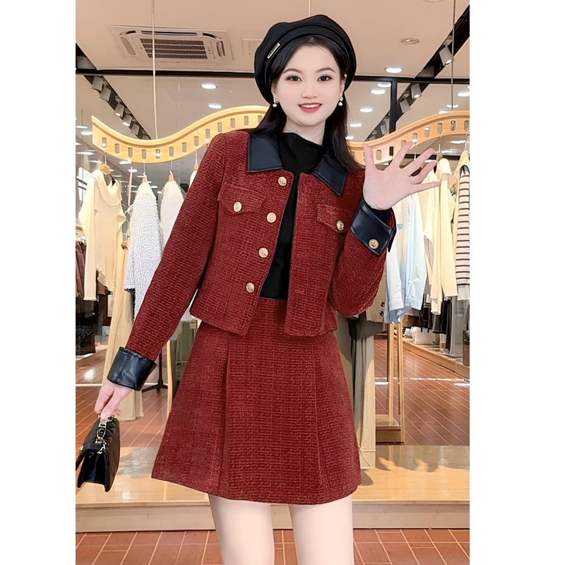 ASY/2024新款冬季套裙两件套小香风加厚红色时尚洋气翻领气质显瘦