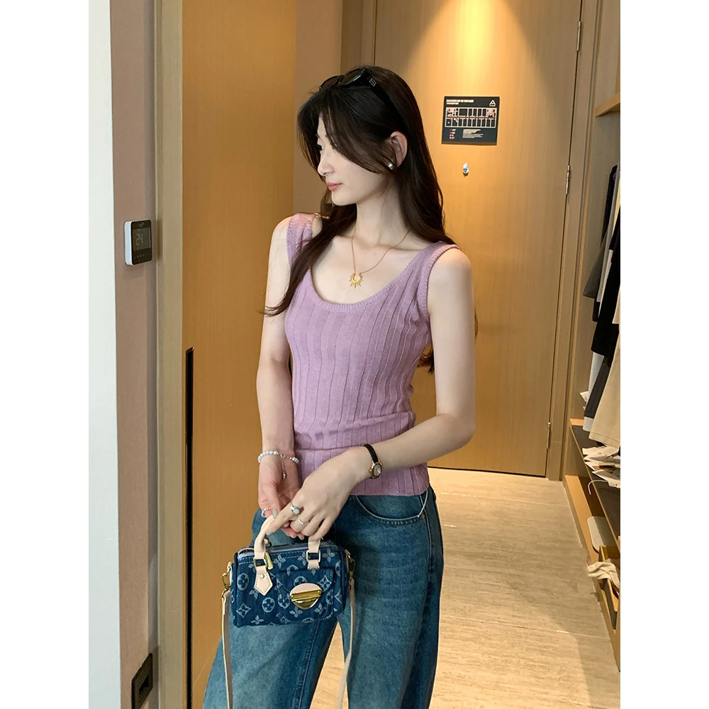 hello达人自拍韩版小众螺纹u领无袖针织背心女2025夏新款打底内搭