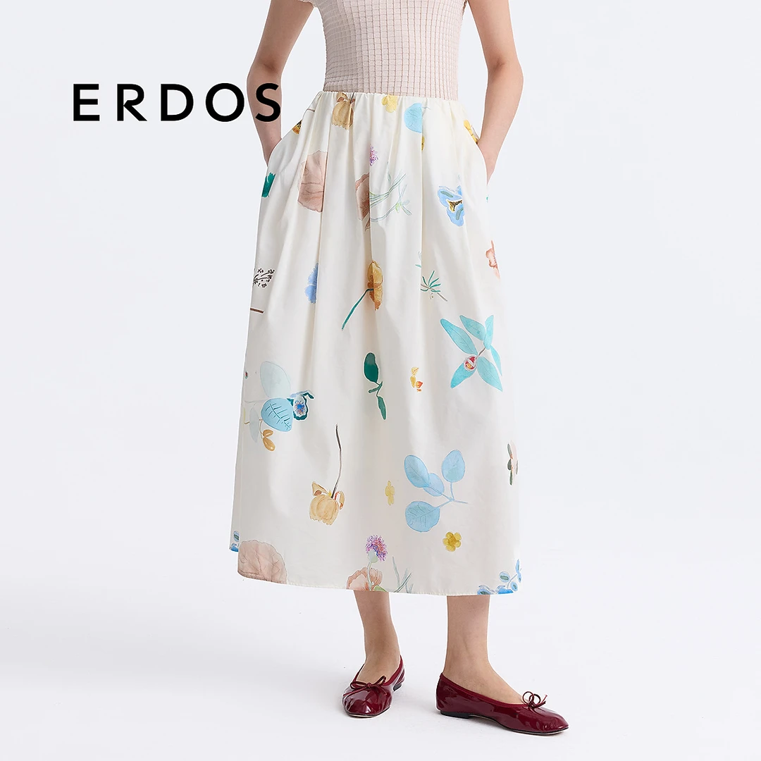 ERDOS水彩印花丝棉混纺半身裙裙子长款半裙休闲高腰