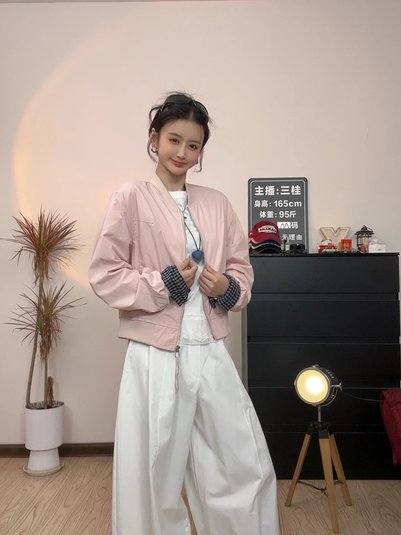 韩版纯色拼接袖夹克百搭宽松小个子外套女春季新款棒球服短款