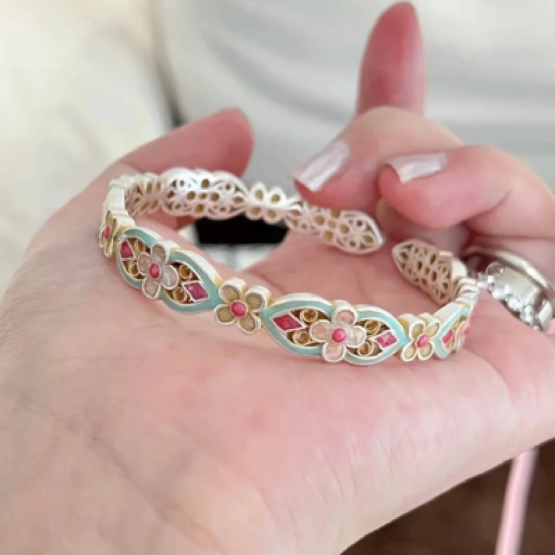 足银手镯 A06足银999 高温烧蓝宫廷花开口手镯