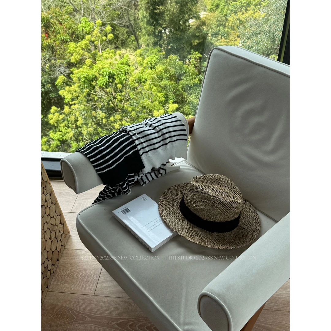 TITI - STUDIO“巴拿马”法式度假风手工镂空草编亚麻缎带草帽