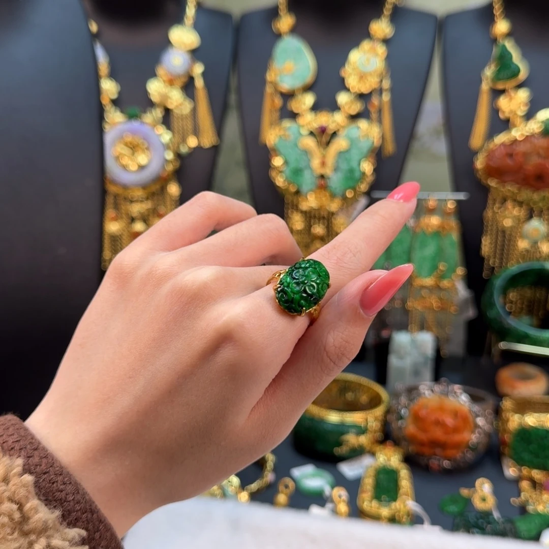 翡翠银S925镀金镶嵌戒指福利花青戒指
