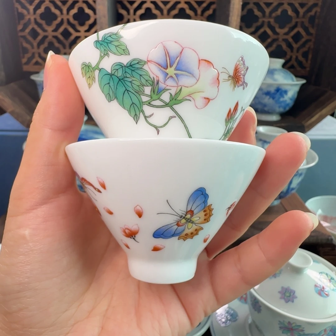 景德镇手绘粉彩斗笠杯2个