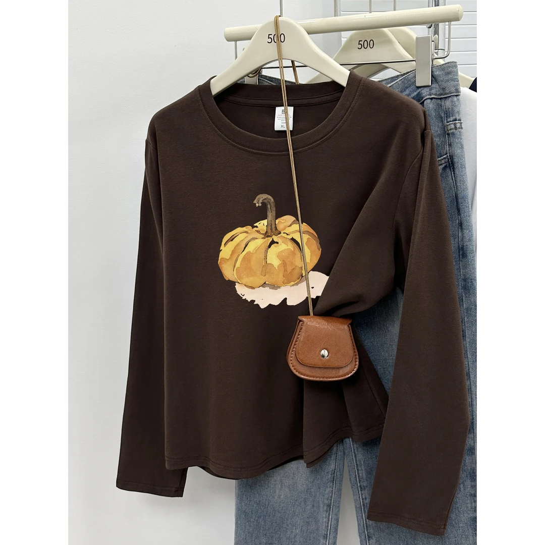 韩版趣味南瓜印花正肩长袖t恤女秋季新款胖mm大码圆领上衣打底衫