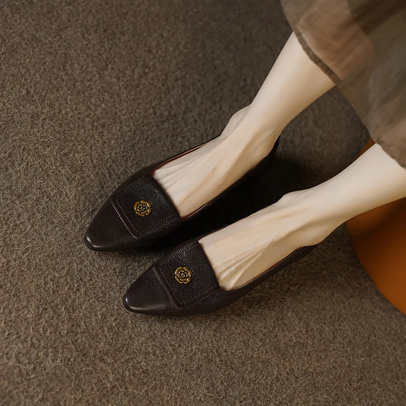 2.5cm/羊皮/爆款山茶花真皮粗跟单鞋女高级感四季浅口方跟女鞋子