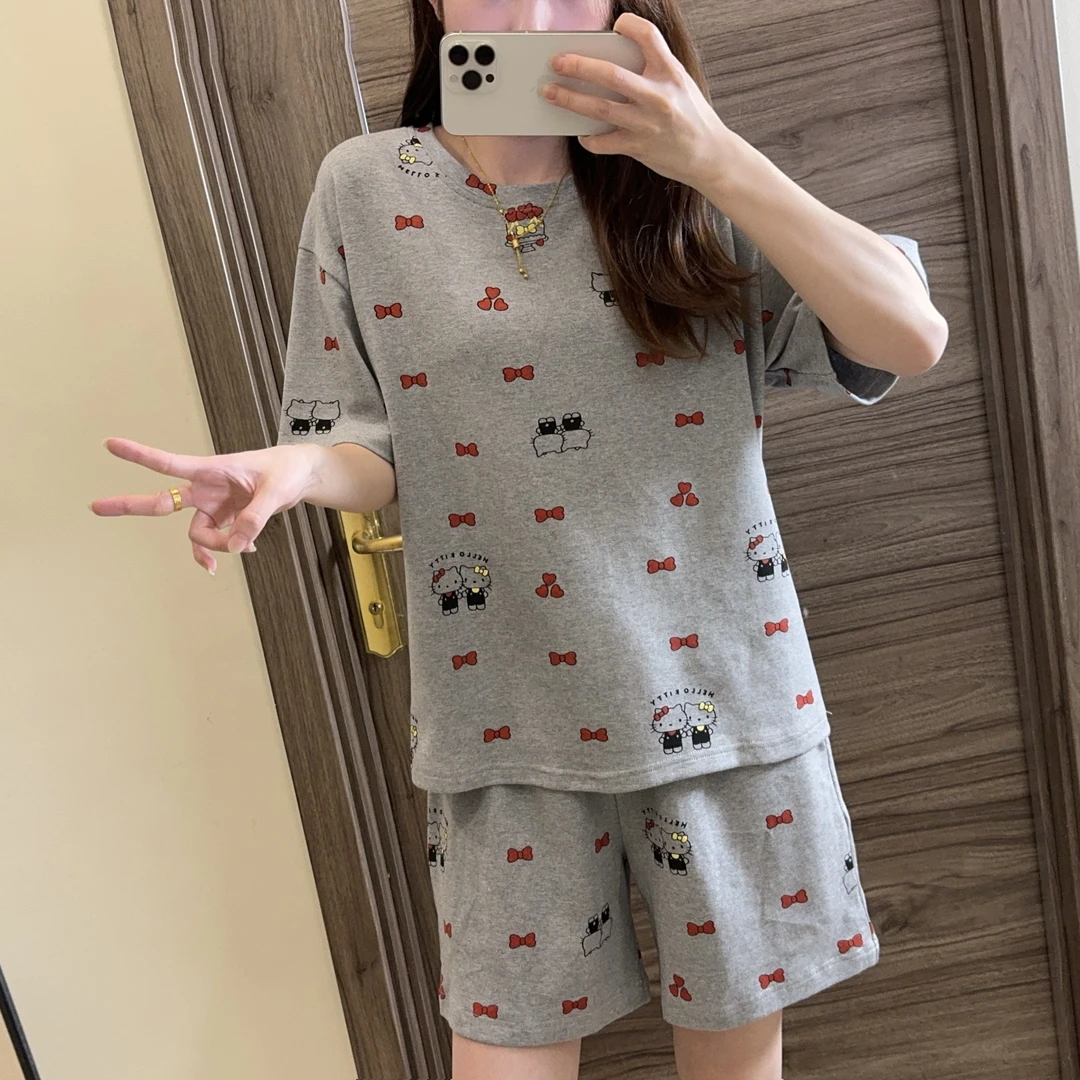 夏季女士新款睡衣灰色蝴蝶结猫咪短袖短裤睡衣套装Y