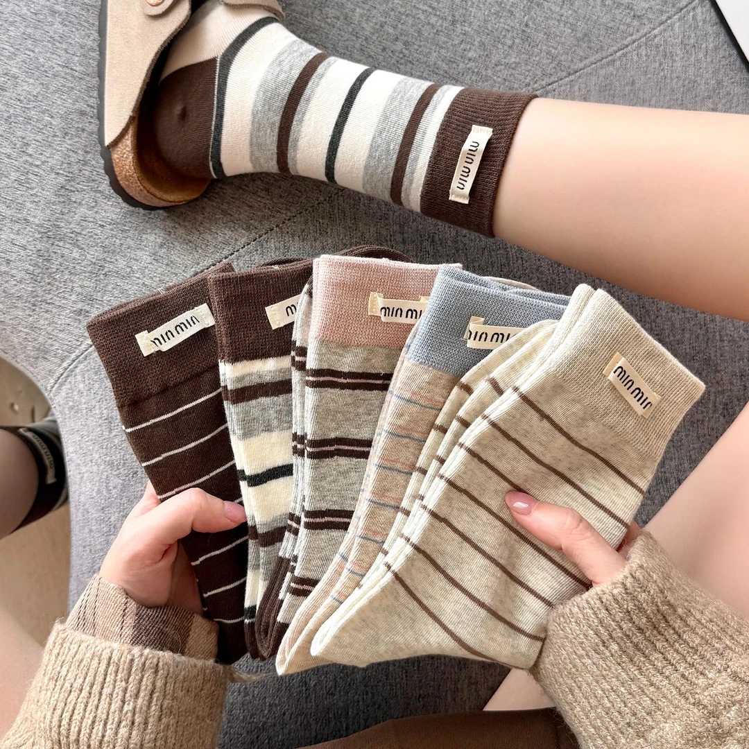 【5/10双】秋冬miu风袜子女纯棉100%全棉防臭运动复古条纹学生韩版
