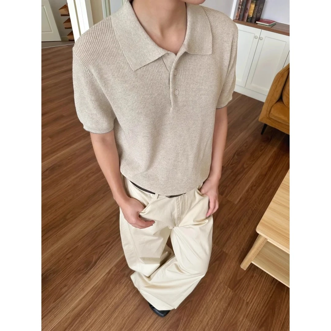 夏季棉麻花纱polo短袖针织衫男女复古老钱松弛感上衣