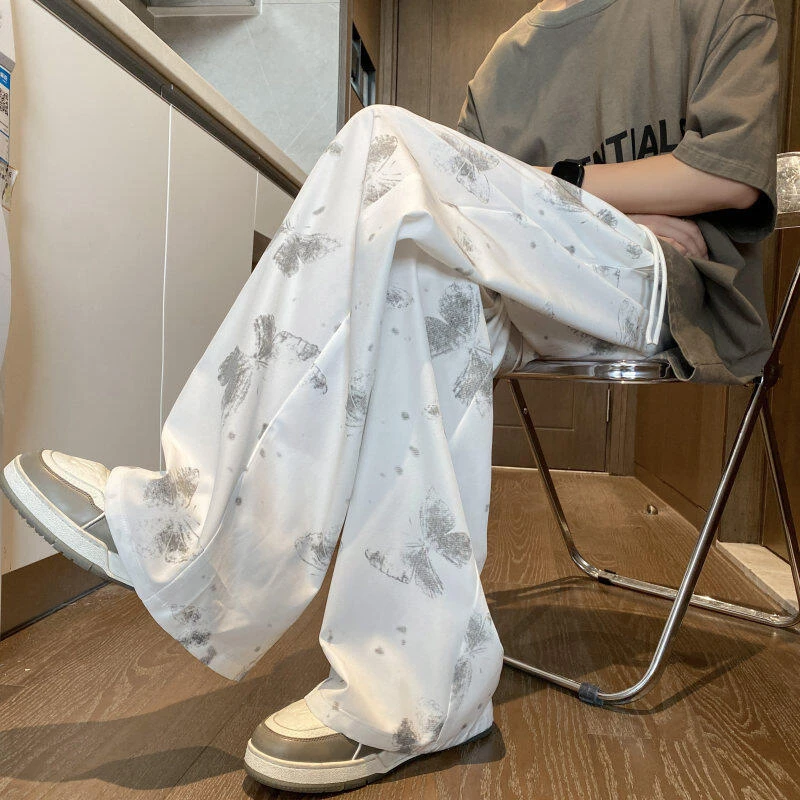 蝴蝶印花冰丝裤子男夏季薄款宽松直筒速干休闲裤潮牌美式凉感长裤