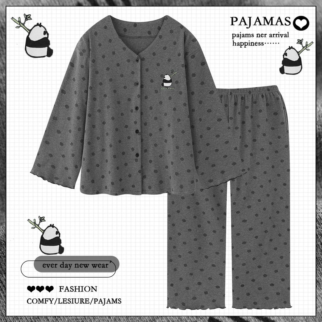 国风卡通熊猫纯棉睡衣女春秋季2025新款长袖长裤可外穿家居服套装