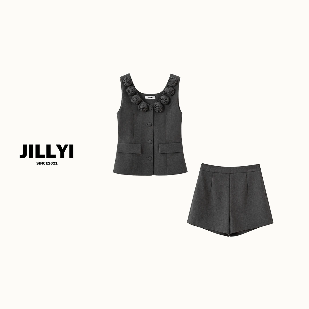 JILLYI南山店【玫瑰派对】灰色方领领口立体玫瑰花装饰名媛风优雅套