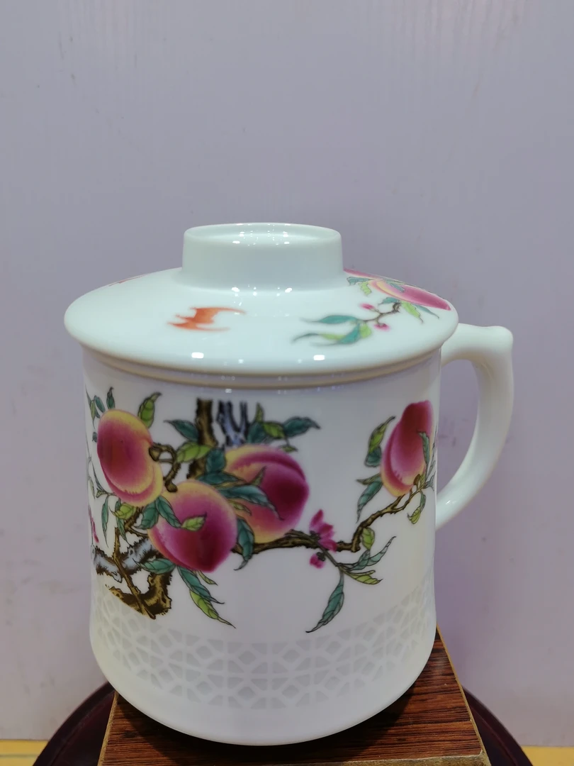 景德镇青花玲珑九桃五福过滤手工办公杯茶杯中式手绘带盖茶具家用