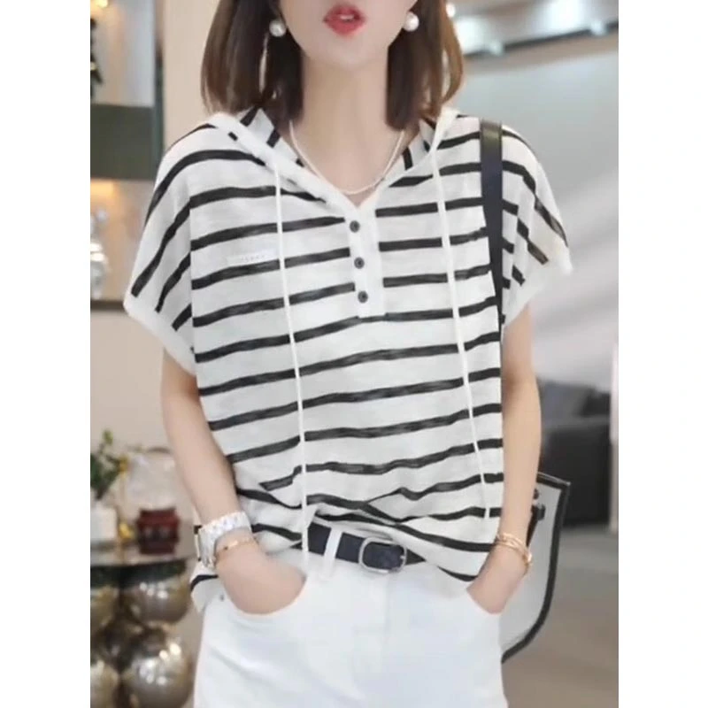 条纹连帽T恤短袖小众通勤气质2025夏季新款时尚休闲显瘦修身百搭