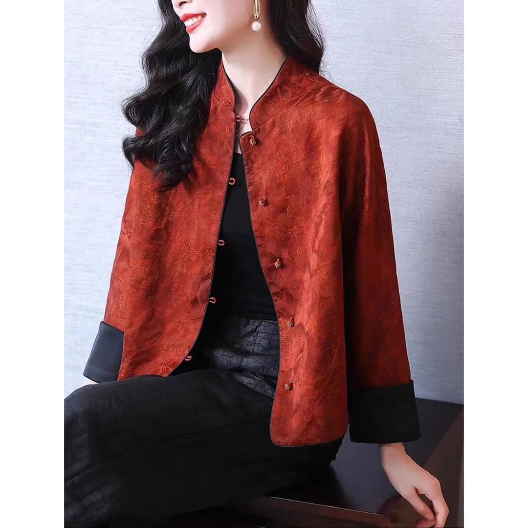 重缎香云纱真丝唐装短女立领中国风红色桑蚕丝气质贵妇人外套提花