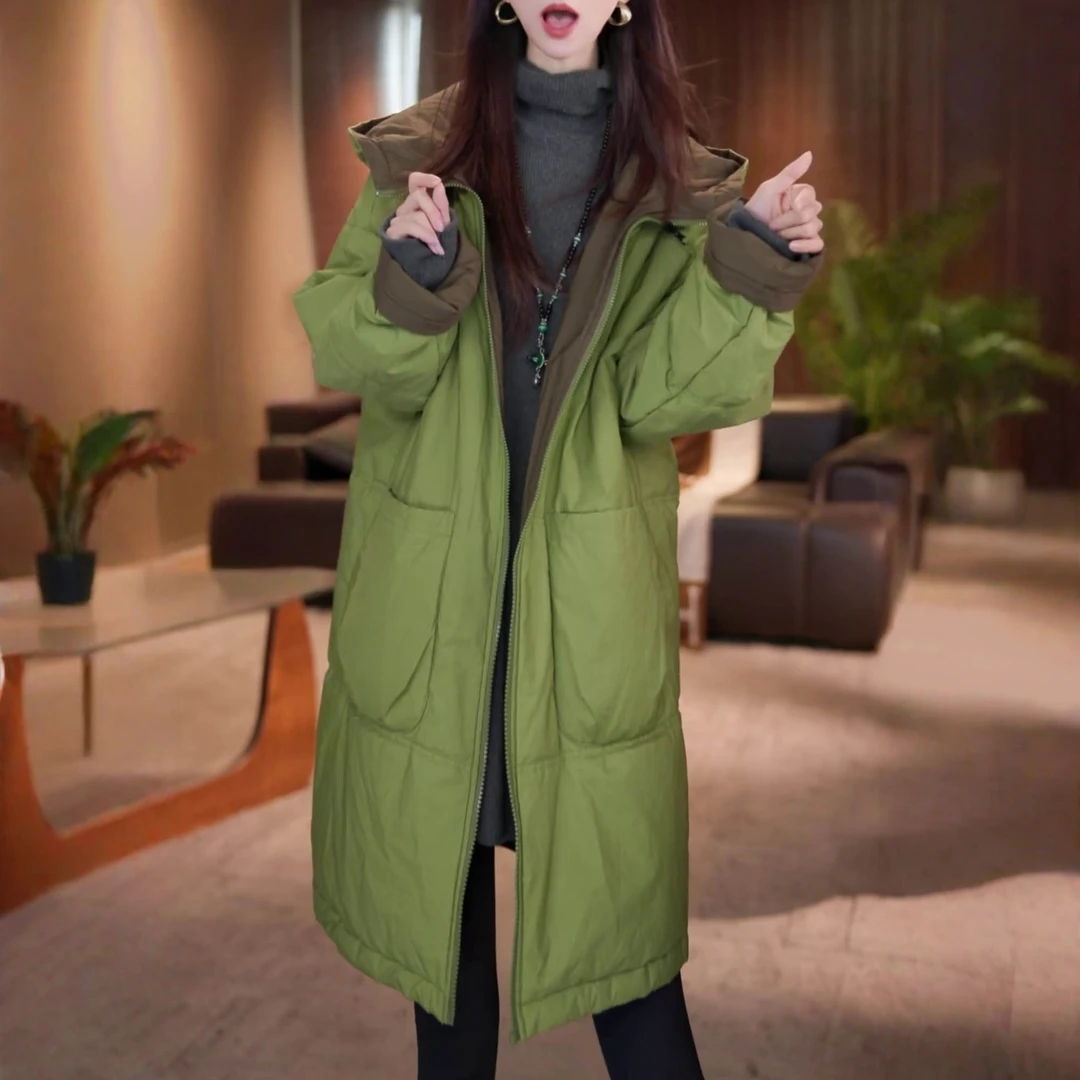 加厚保暖中长款双面穿棉衣2025冬季新款时尚气质高档连帽棉服外套