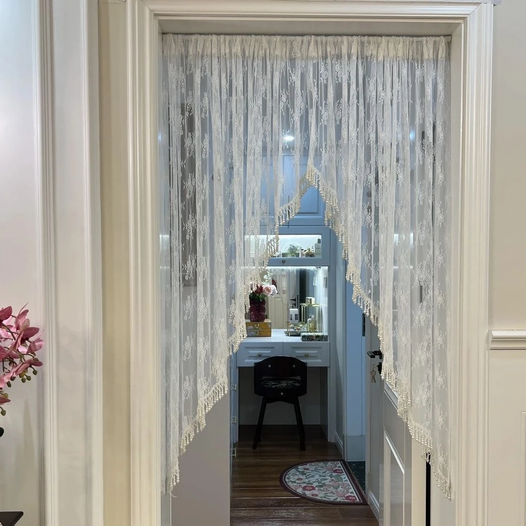 轻奢白纱流苏边碎免打孔安装隔断门帘纱帘蕾丝卧室厨房隔断