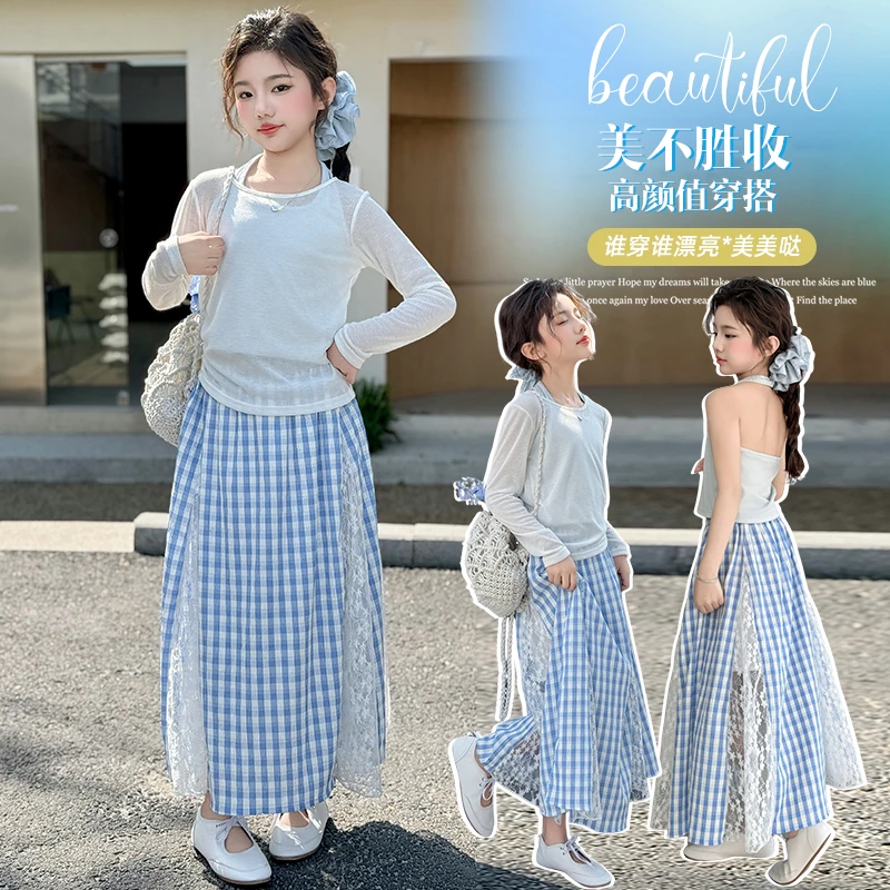 蕾丝花边拼接蓝色格子半身裙女早春新款气质高腰中长款大摆A字裙