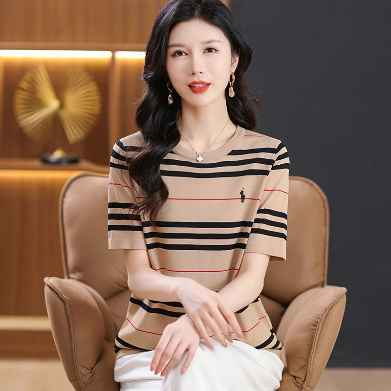冰丝短袖t恤圆领女2025新款春夏宽松薄款条纹金典针织外穿打底衫
