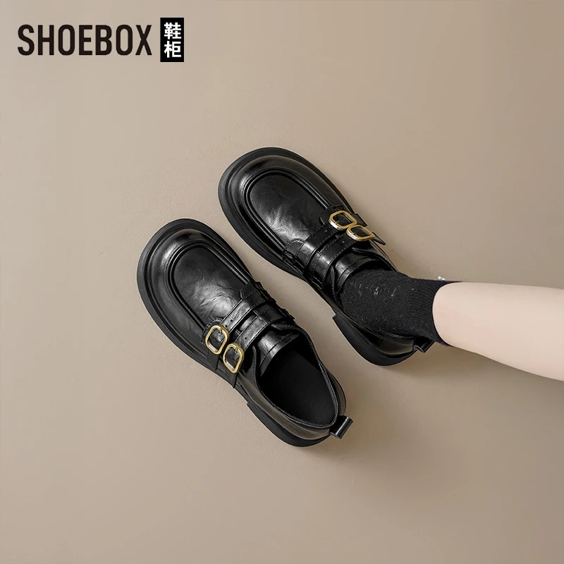 SHOEBOX鞋柜厚底英伦风小皮鞋女2025新款秋一脚蹬学院风乐福鞋
