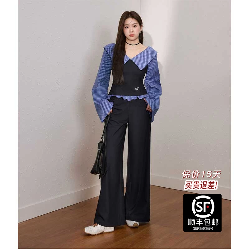 蓝语大码女装甜酷拼接衬衫显瘦牛仔蓝阔腿裤2025秋时尚套装03561