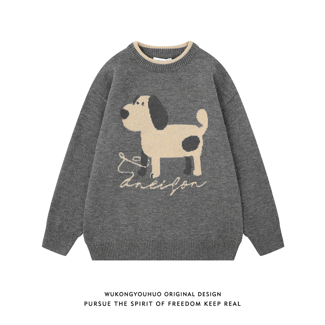 悟空有货潮牌小狗提花撞色圆领毛衣男秋季情侣宽松情侣百搭针织衫