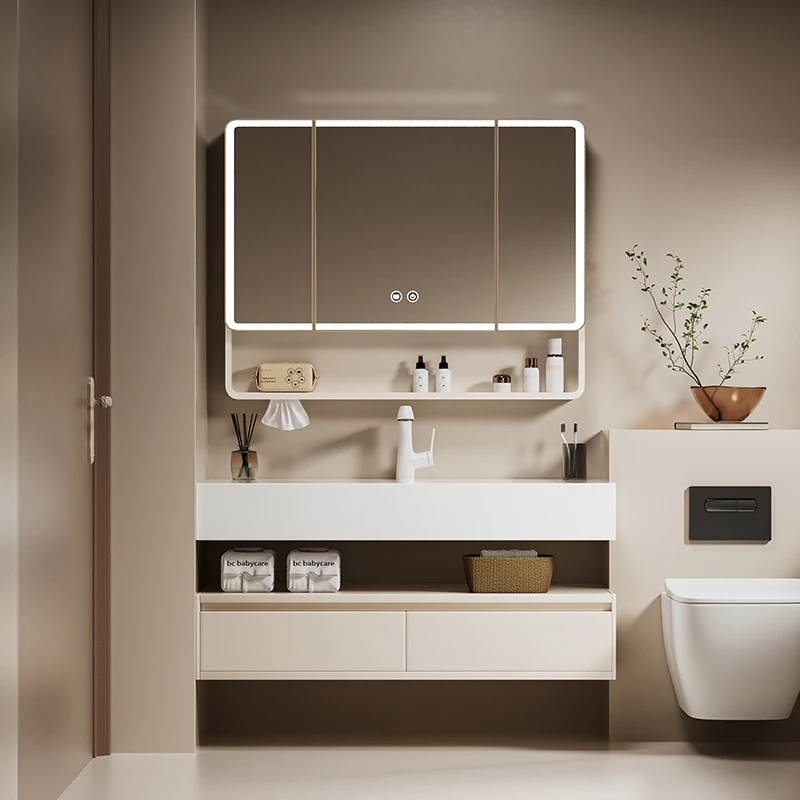 家用酒店风岩板无缝一体盆蜂窝铝挂墙式浴室柜洗脸池双层奶油风