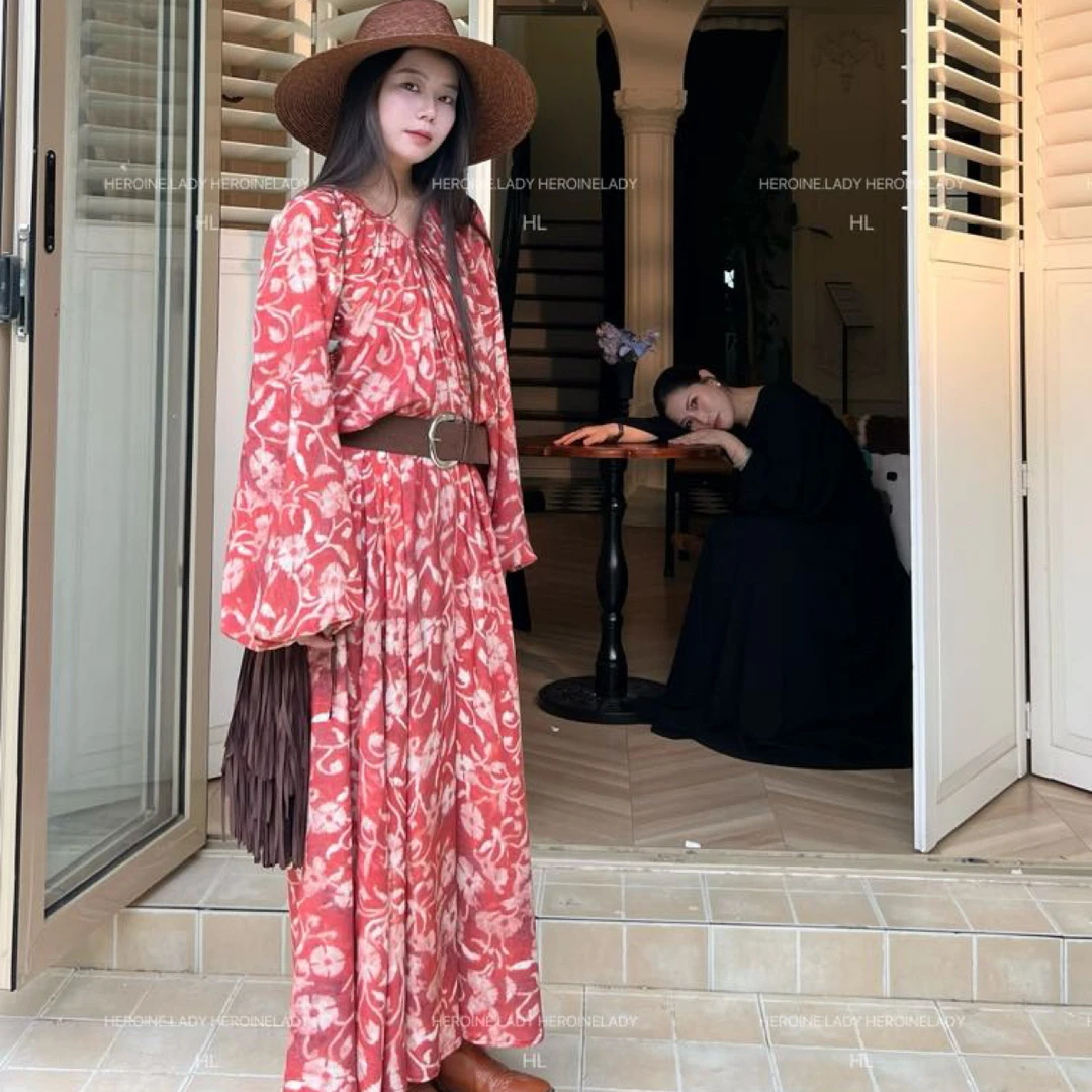 【公主再现】HL棉绸秋季V领气质休闲百搭时尚女神显瘦长款连衣裙