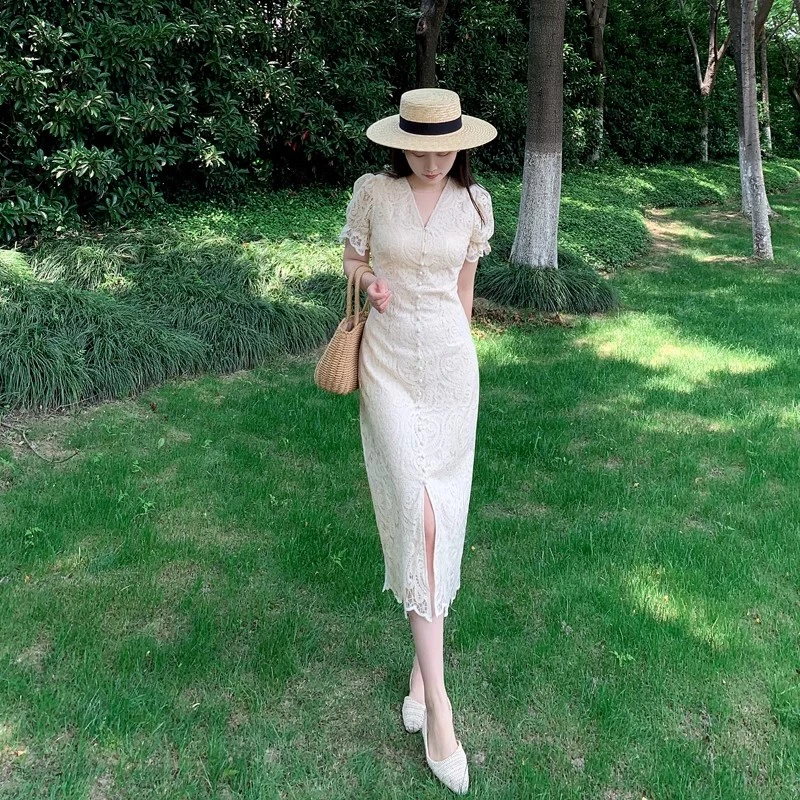 夏季大码法式浪漫收腰显瘦绝美长裙胖mm轻奢婚纱礼服蕾丝连衣裙女
