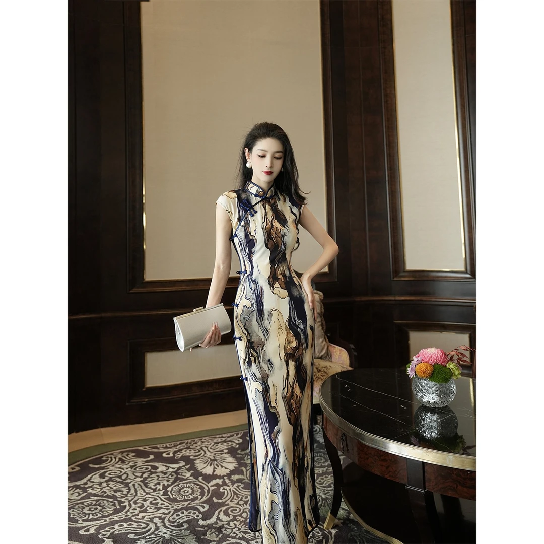 2025设计感水墨风印花旗袍国风修身高腰日常时尚性感夏季连衣裙